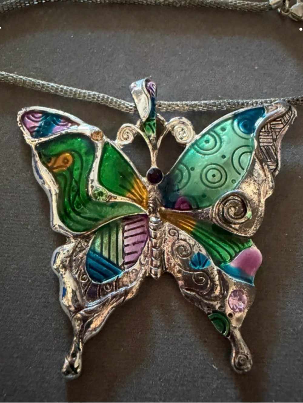 Colorful Enamel Butterfly Pendant Necklace in Green & Teal.